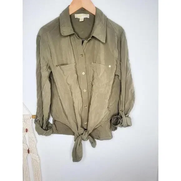 Michael By Michael Kors Shirt Womens Sz S Olive Green Button Tie Front Utility - Picture 4 of 7